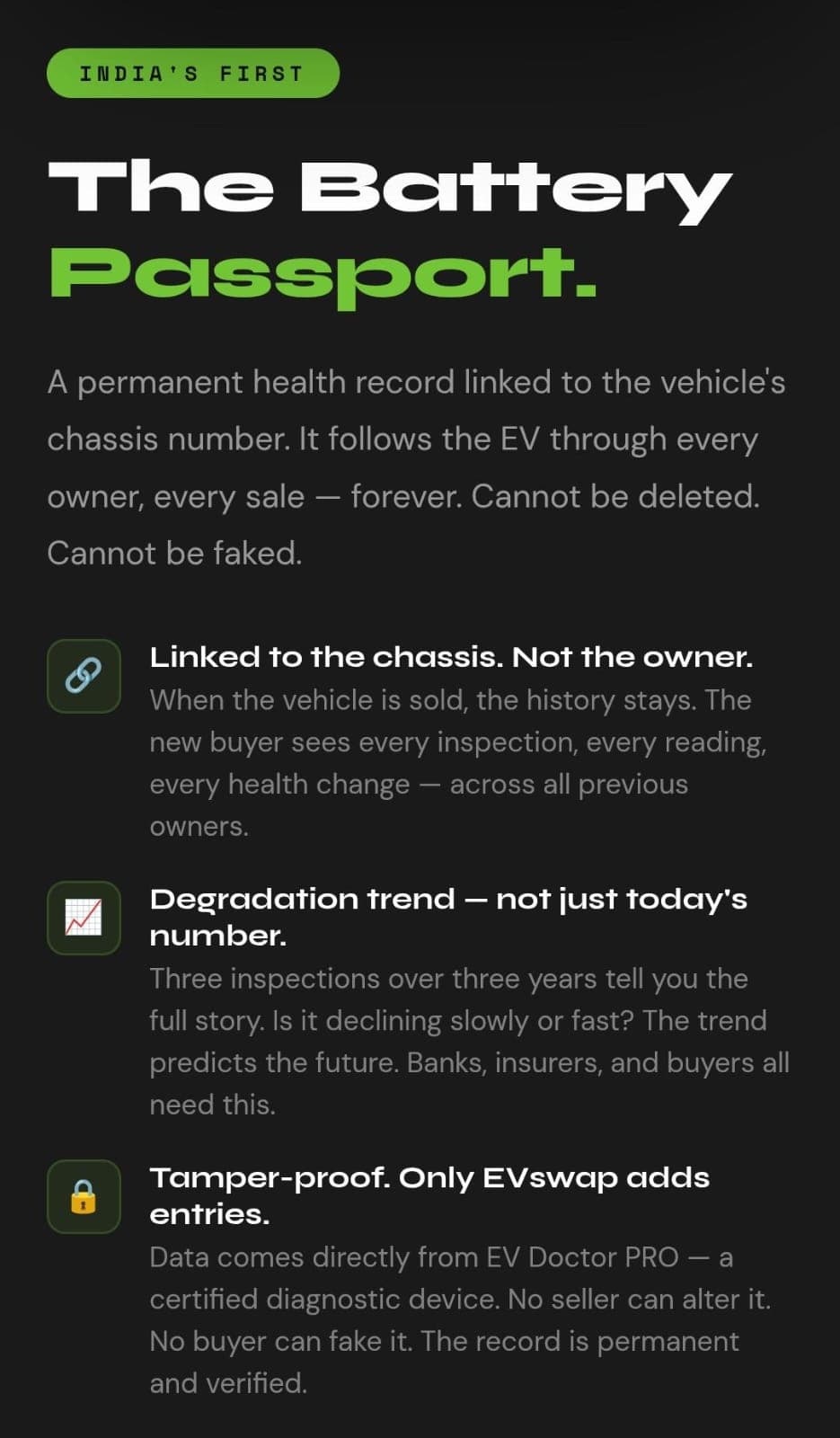 Battery Passport benefits including chassis-linked history, degradation trends, and tamper-resistant entries